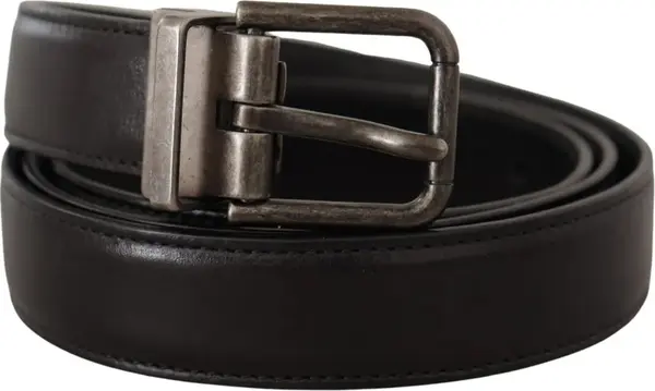 Black Calf Leather Vintage Logo Metal Buckle Belt