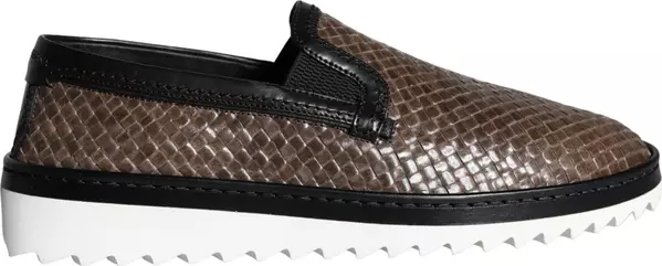 Brown Black Leather Weaved Men Loafers Shoes