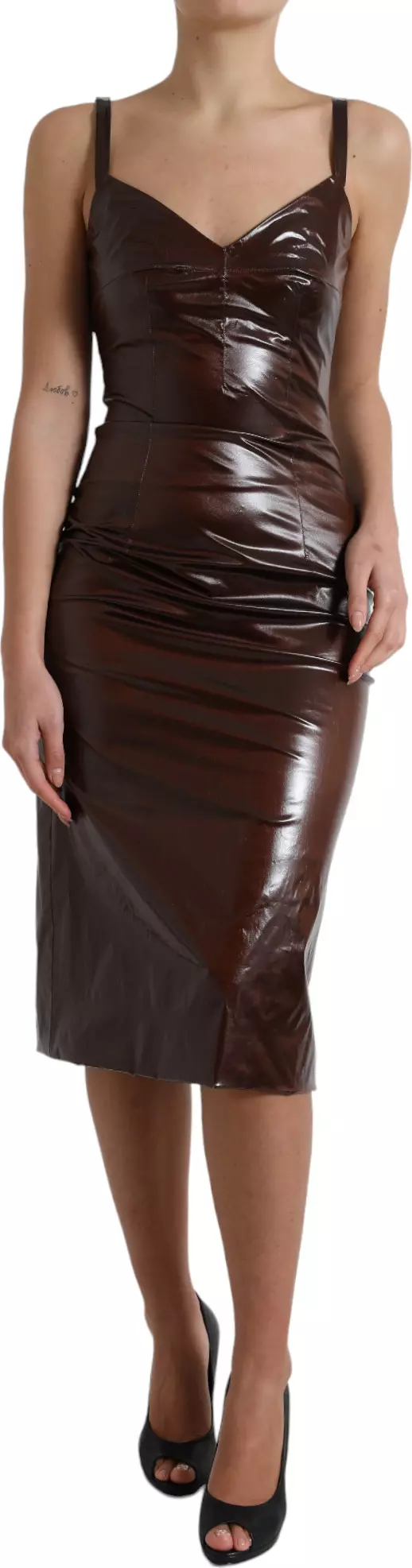 Brown Shiny Silk Sheath Sleeveless Bodycon Midi Dress