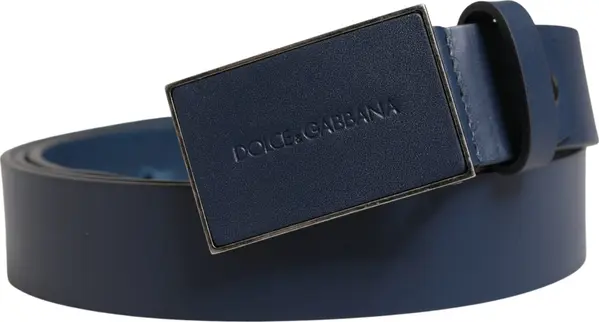 Blue Calf Leather Logo Metal Buckle Belt