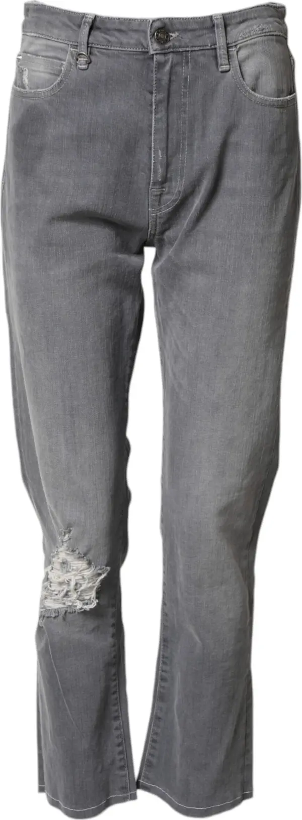 Gray Tattered Mid Waist Men Straight Denim Trouser Jeans