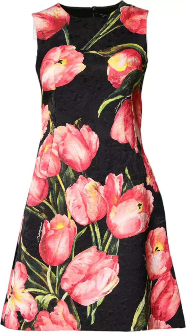 Black Floral Print Viscose A-line Mini  Dress