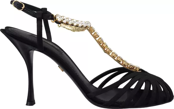 Black Satin Clear Crystal T-strap Sandal Shoes