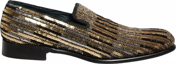Gold Striped Sequin Embellished Loafer Shoes