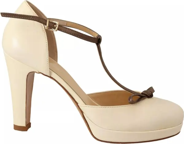 Off White Leather T-Strap Heels Sandals Shoes