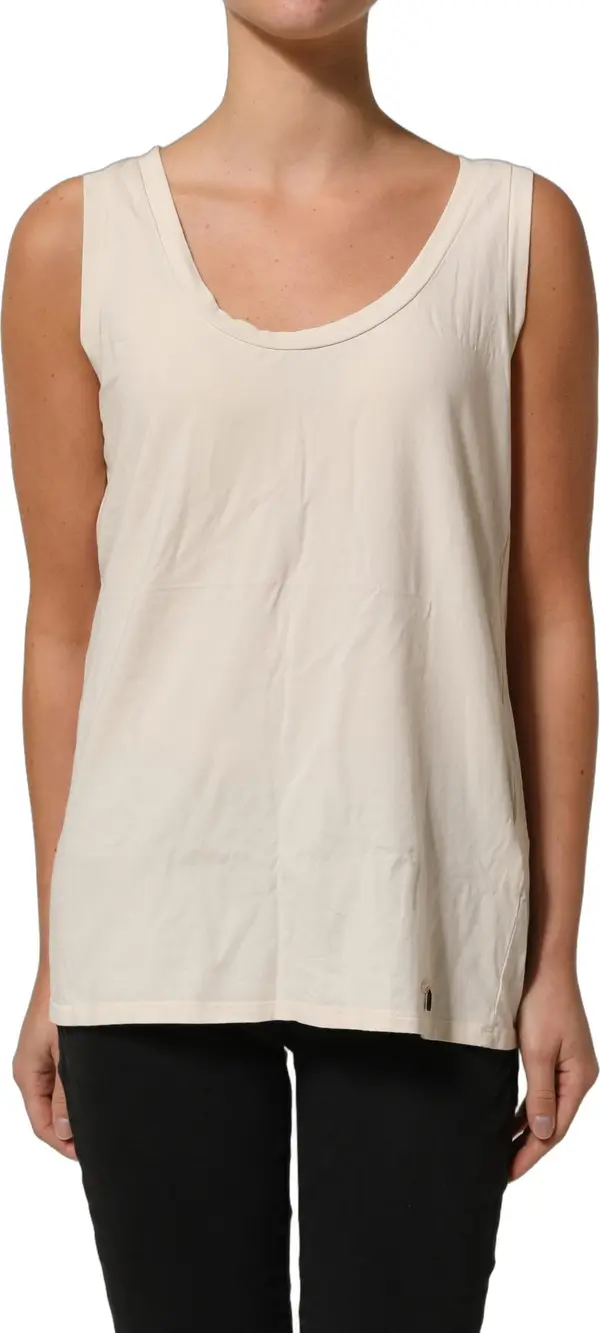 Beige Viscose Sleeveless Round Neck Women Tank Top