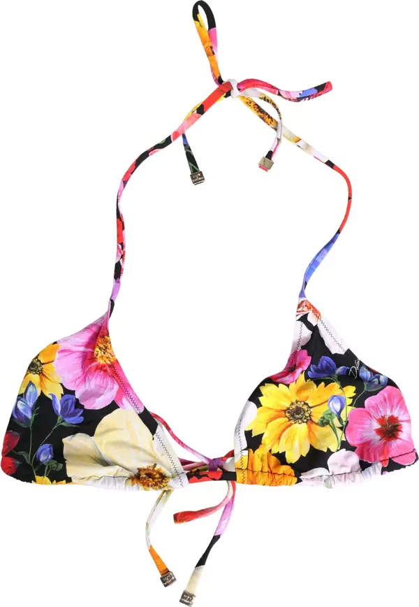 Black Floral Print Nylon Halter Bikini Top Swimwear