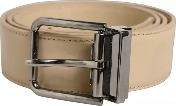 Beige Leather Silver Tone Metal Buckle Belt