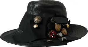 Black Leather DG Coin Crystal Wide Brim Hat