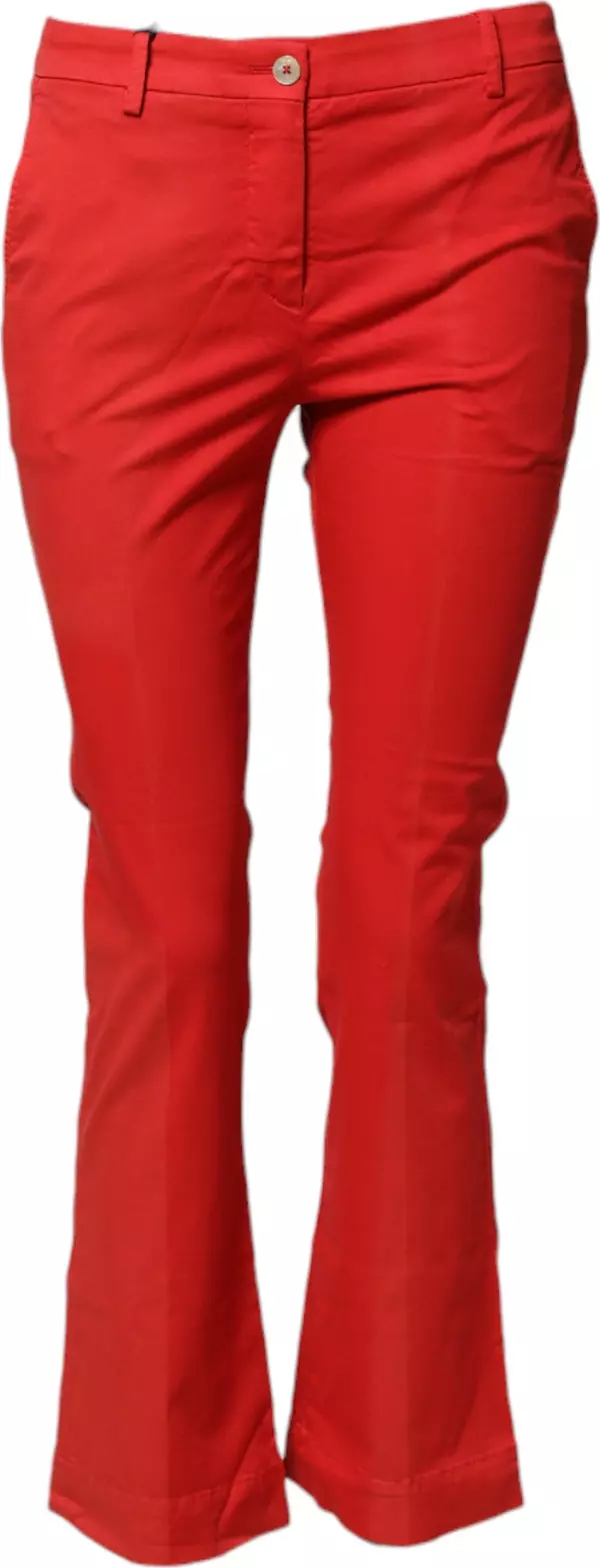 Red Flared Mid Waist Chino Casual Trouser Pants