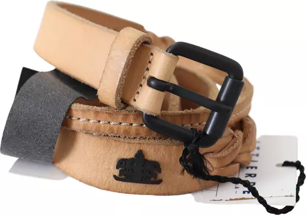 Light Brown Slim Leather Black Logo Buckle Belt Belt