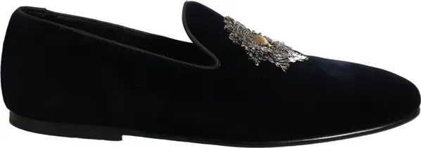 Blue Velvet Embellished Slip On Loafers Shoes