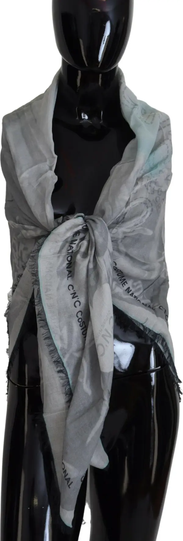 Gray Print Shawl Foulard Fringes Scarf