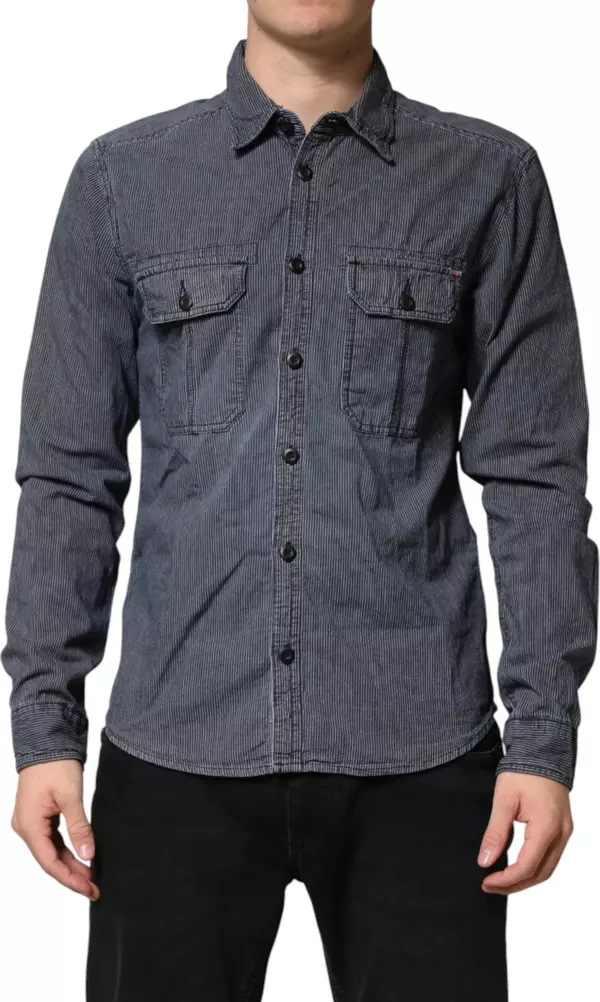 Blue White Button Down Long Sleeves Men Denim Shirt