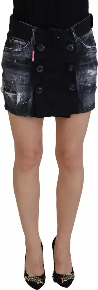 Black Distressed Mid Waist A-line Denim Mini Skirt
