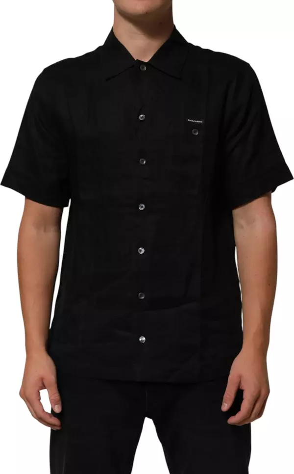Black Linen Collared Short Sleeve Polo Shirt
