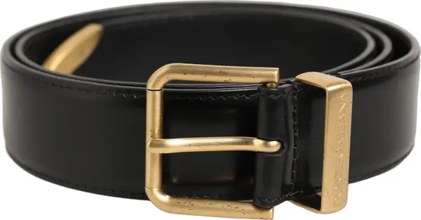 Black Leather Gold Logo Engraved Buckle Belt