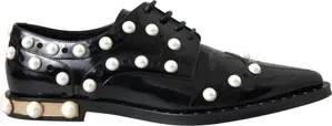 Black Leather Faux Pearl Dress Broque Shoes