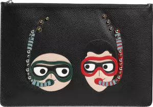 Black Leather #DGFAMILY Embellished Men Clutch Pouch Bag