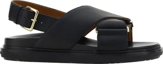 Black Calf Leather Bos Taurus Flat Sandals