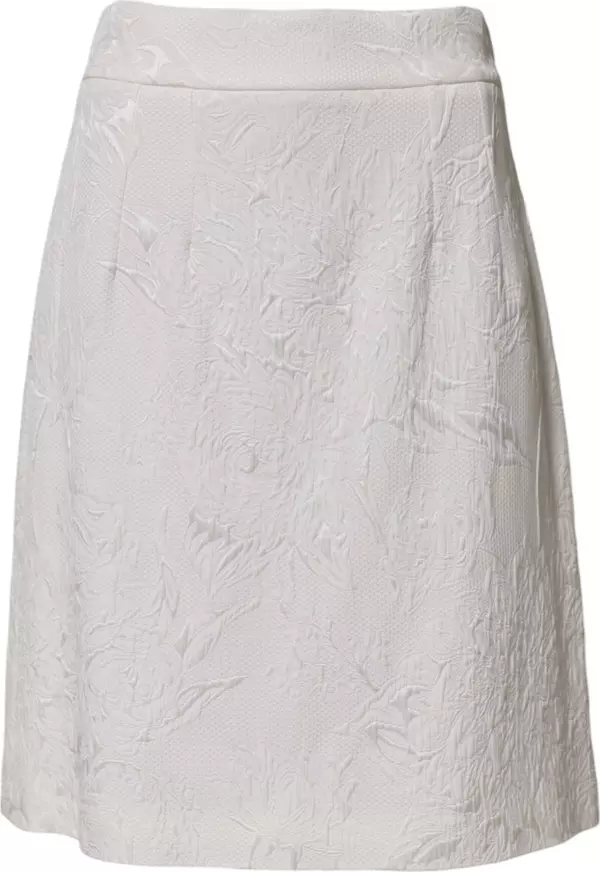 White Floral Brocade A-line High Waist Skirt