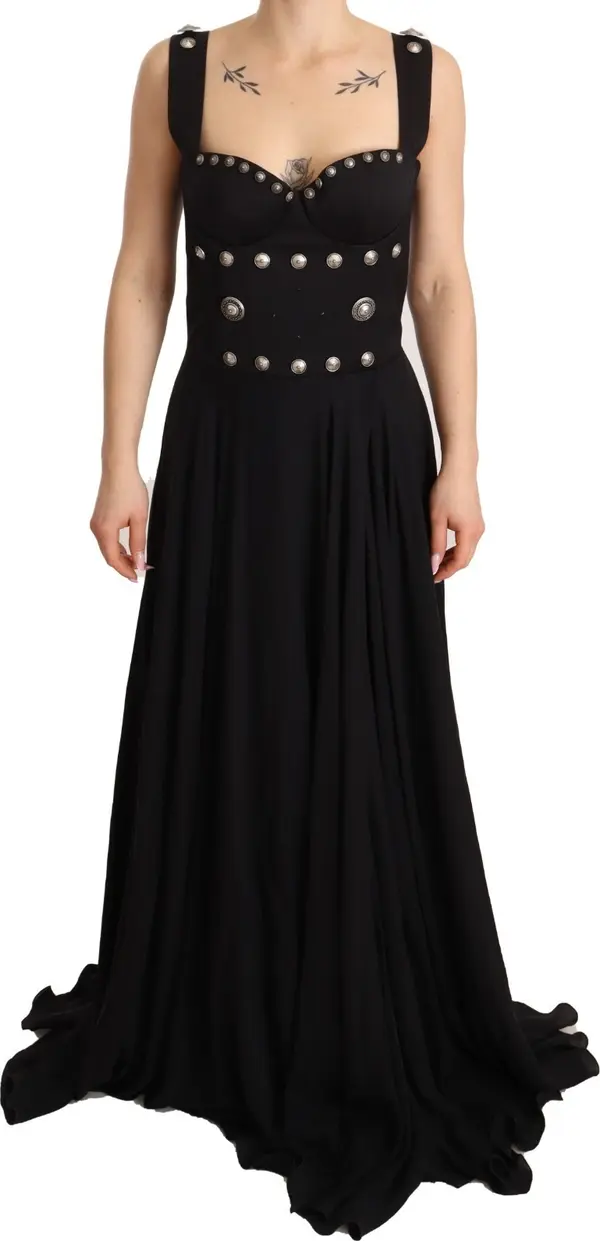 Silk Black Studded Sleeveless A-line Max Dress
