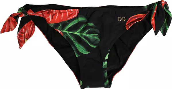 Black Floral Print Nylon Beachwear Bikini Bottom