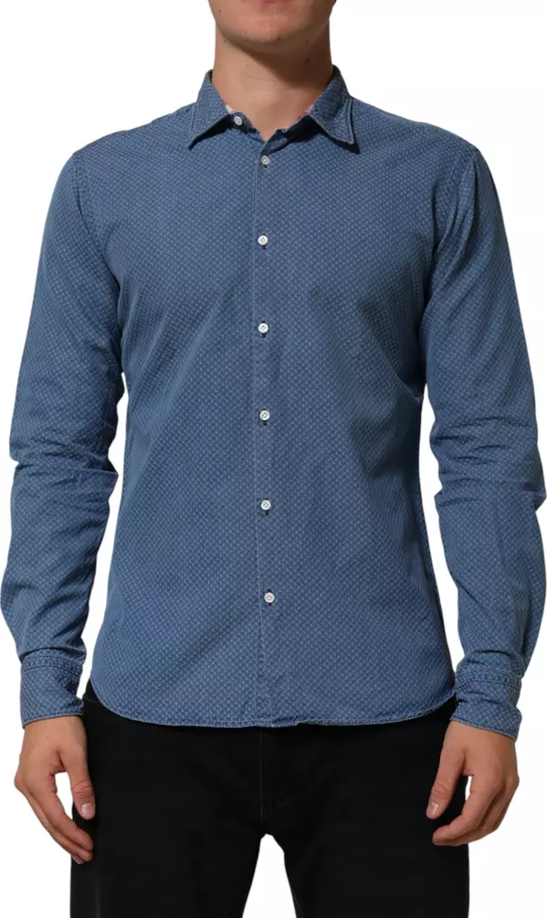 Blue Cotton Slim Fit Collared Long Sleeve Casual Shirt