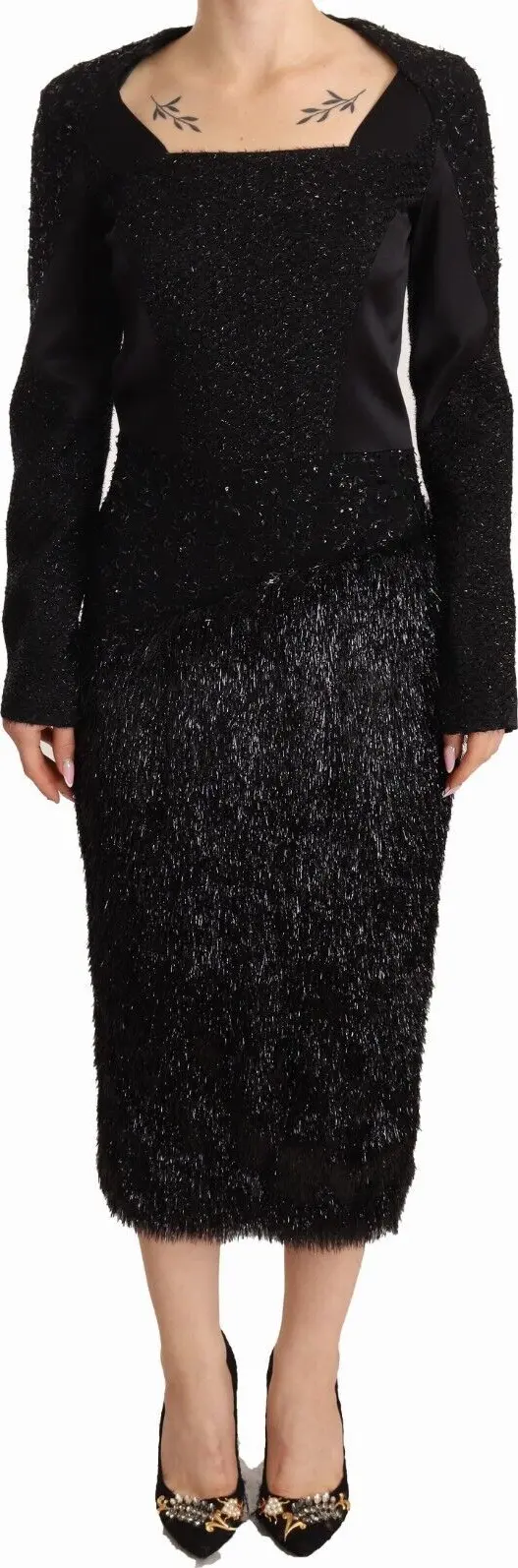 Black Studs Embellished Long Sleeves Sheath Midi Dress