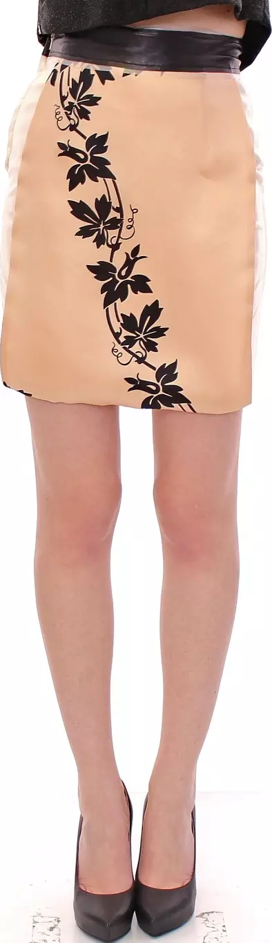Beige Floral Print Silk Mini Skirt