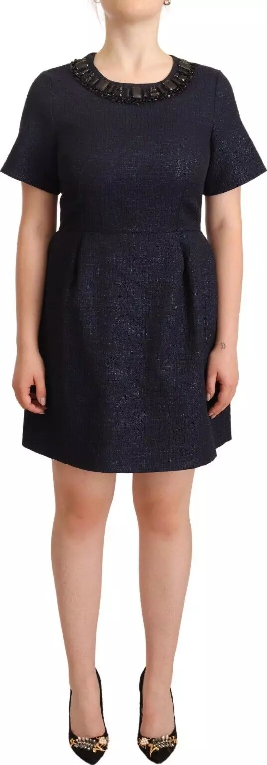 Black Embellished Short Sleeves Mini A-line Dress