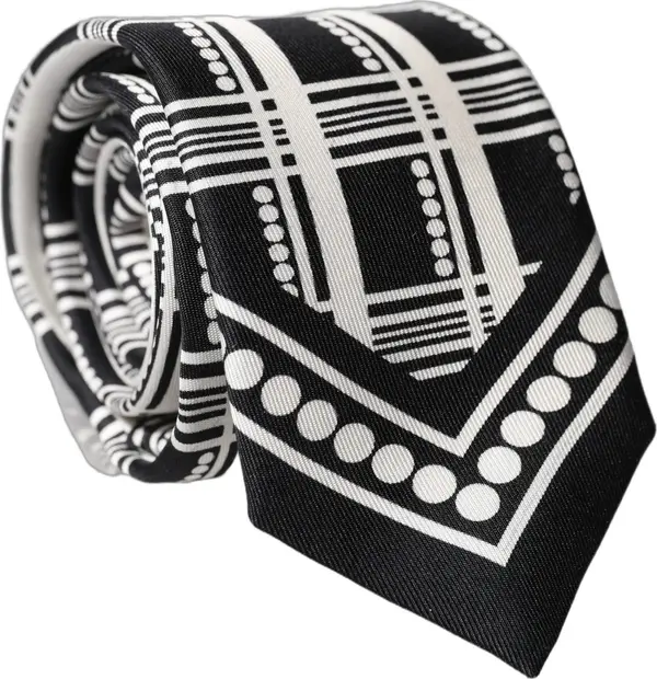 Black White Abstract Silk Adjustable Men Tied Necktie Tie