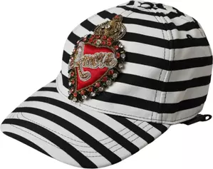 Black White Stripe Amore Heart Applique Baseball Hat