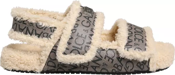 Beige Faux Fur Logo Print Flats Sandals Shoes