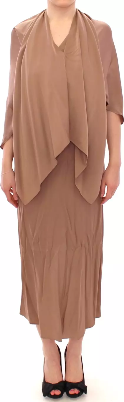 Brown Draped Silk Sheath Shift Coctail Dress