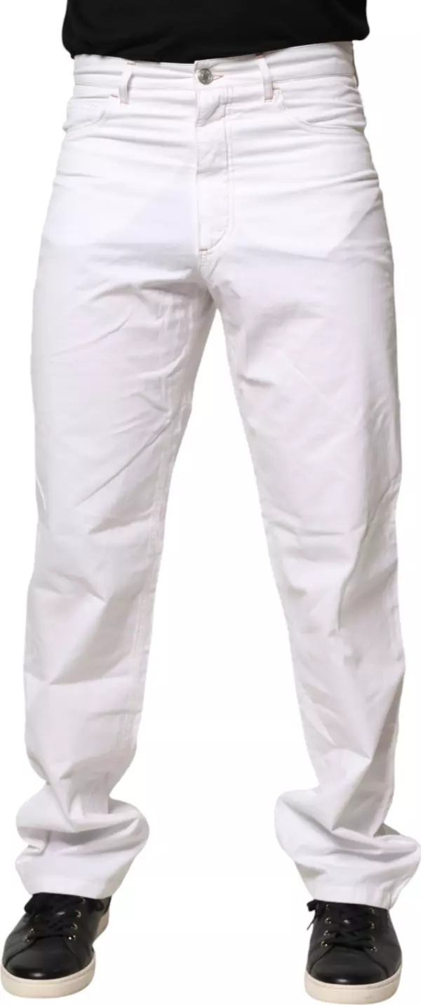 White Cotton Mid Waist Straight Men Denim Jeans
