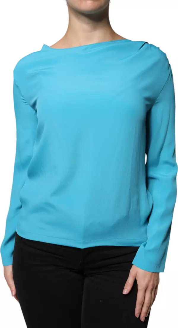 Blue Round Neckline Long Sleeves Blouse Top