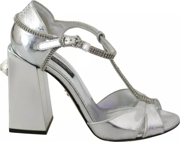 Silver Crystals T-strap Sandals Leather Shoes