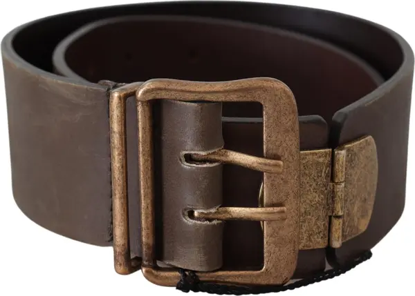 Brown Leather Wide Bronze Buckle Waist Belt