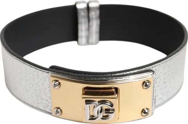 Silver Textured Leather Gold Tone Metal Neckband