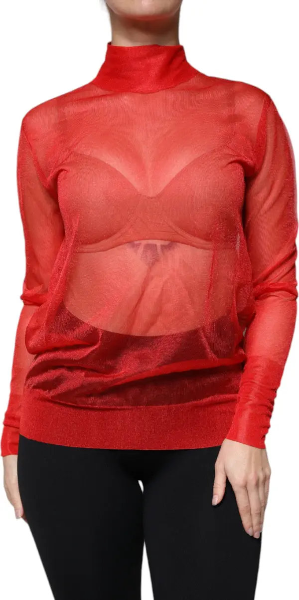 Red Mesh Turtleneck Long Sleeve Blouse Top