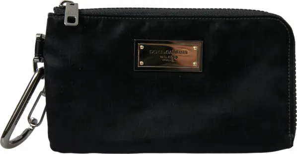 Black Nylon Logo Plaque Keyring Pouch Clutch Bags