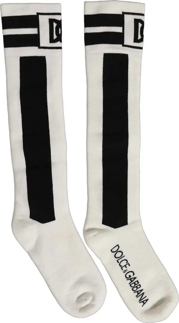 White Black Cotton Stretch Knee High Socks