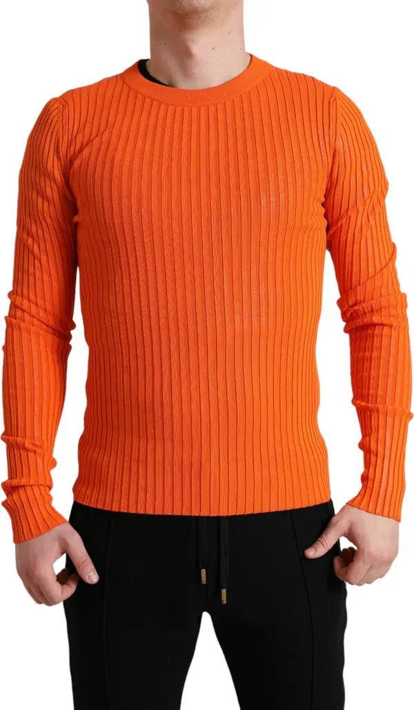 Orange Knitted Crewneck Men Pullover Sweater