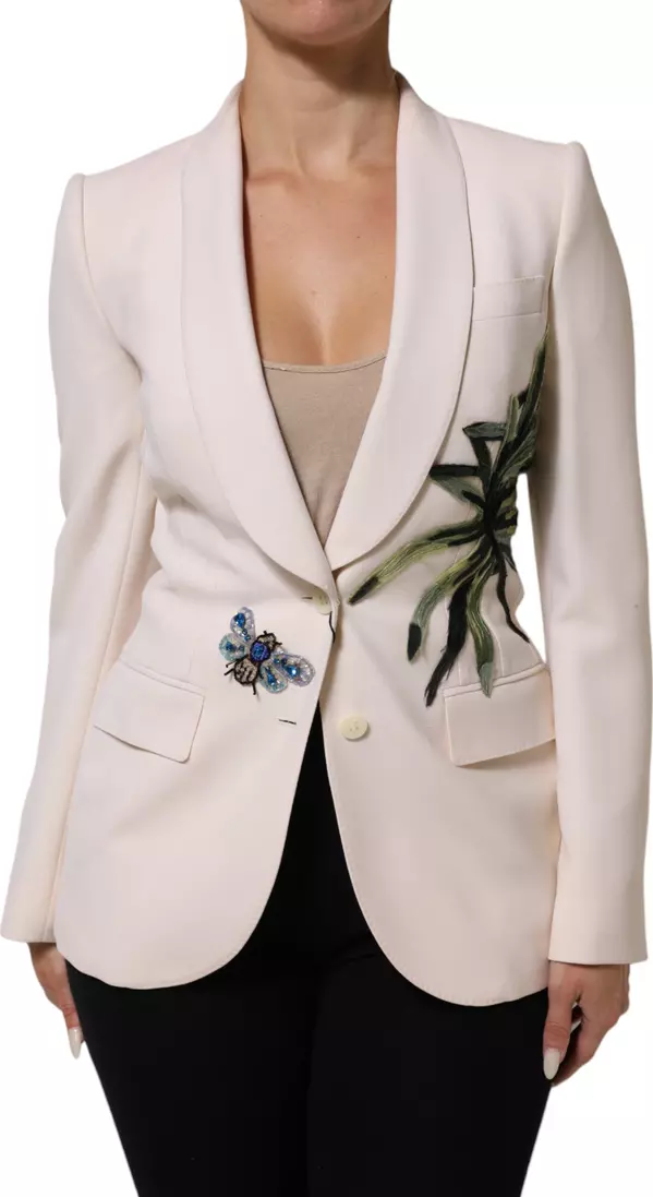 Beige Embroidered Single Breasted Jacket