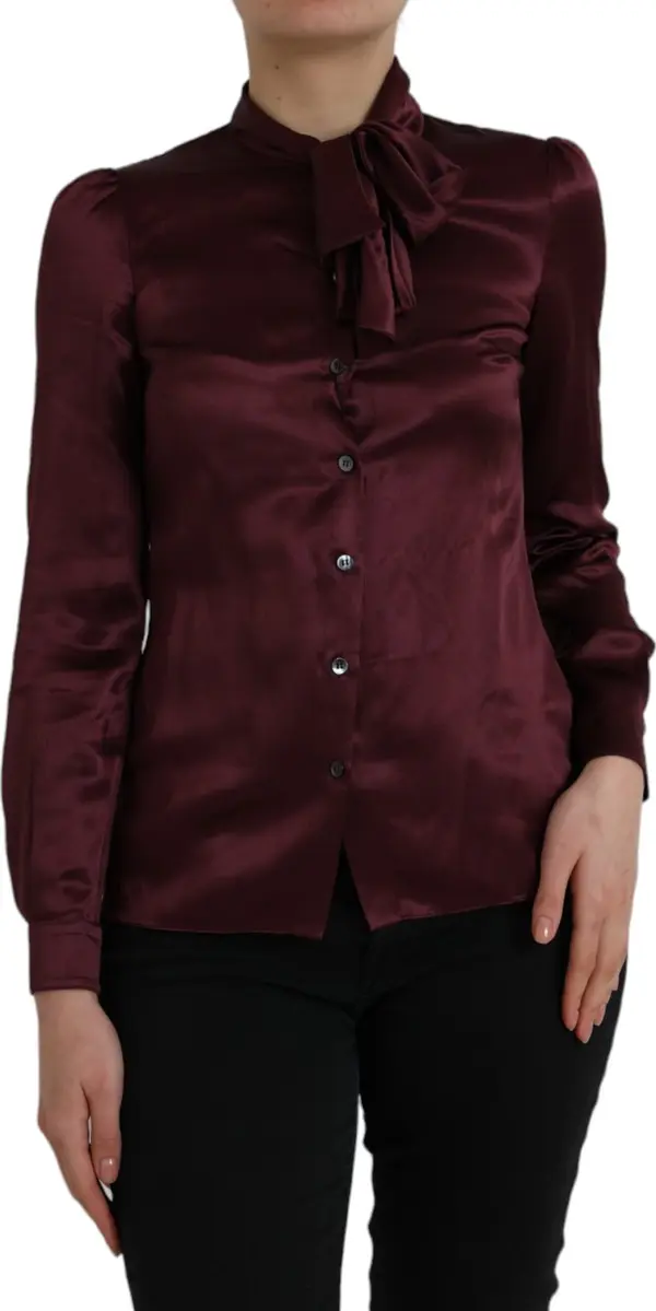 Maroon Ascot Collar Long Sleeve Top Blouse