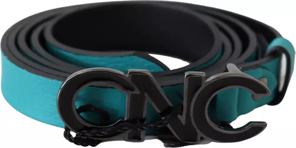 Blue Green Leather Logo Silver Buckle Belt