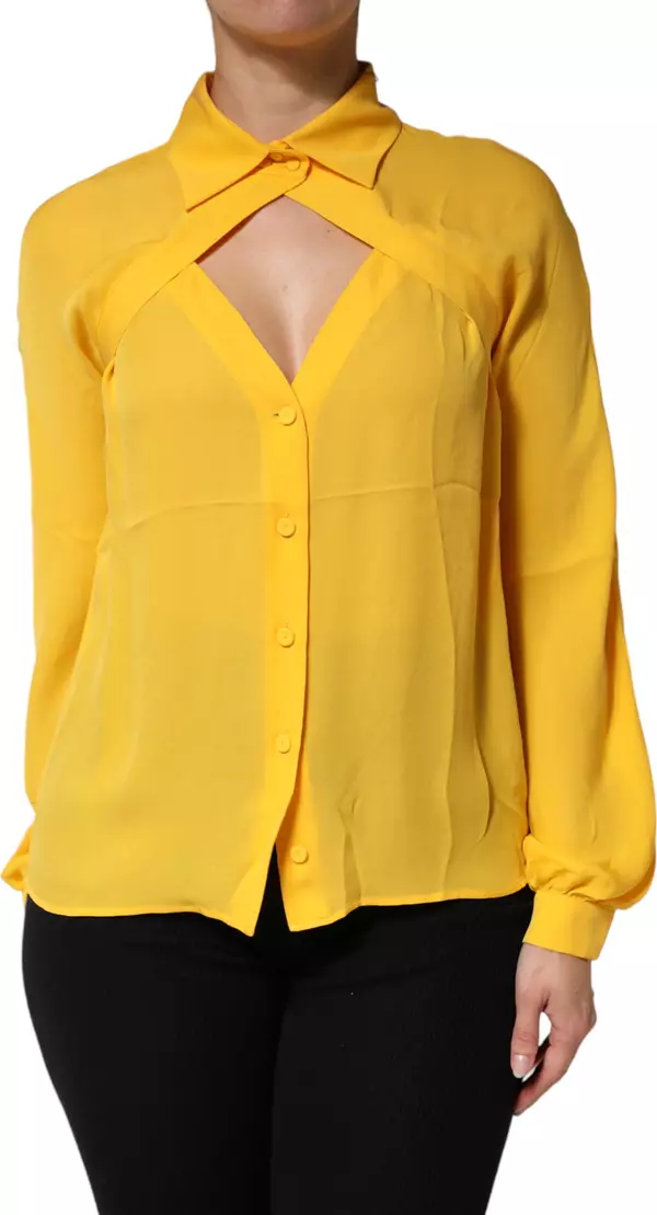 Yellow Silk Collared Long Sleeves  Top