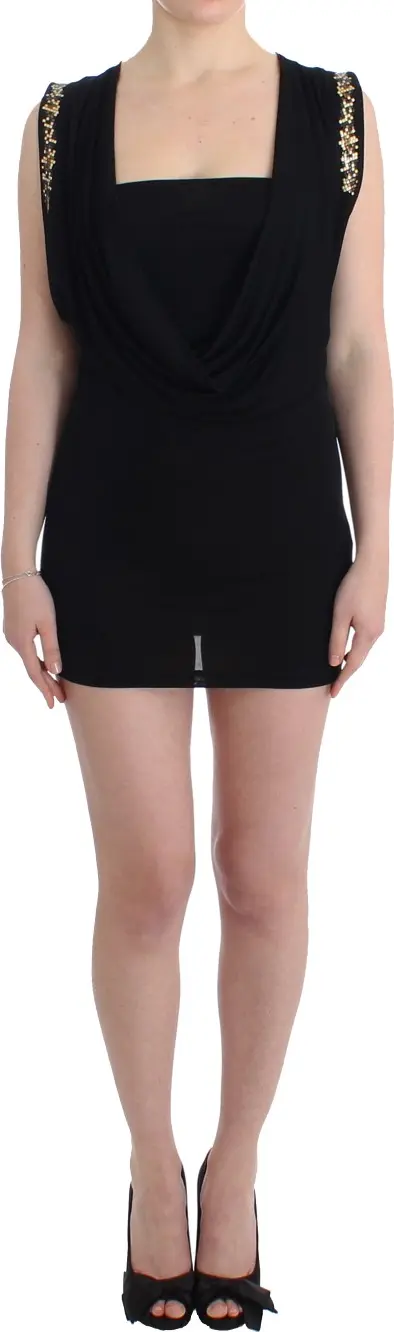 Black Embellished Jersey Mini Sheath Short Dress