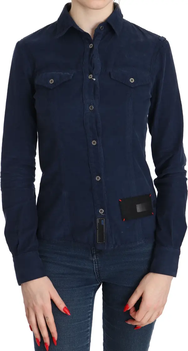 Cotton Blue Corduroy Long Sleeves Shirt Top Blouse